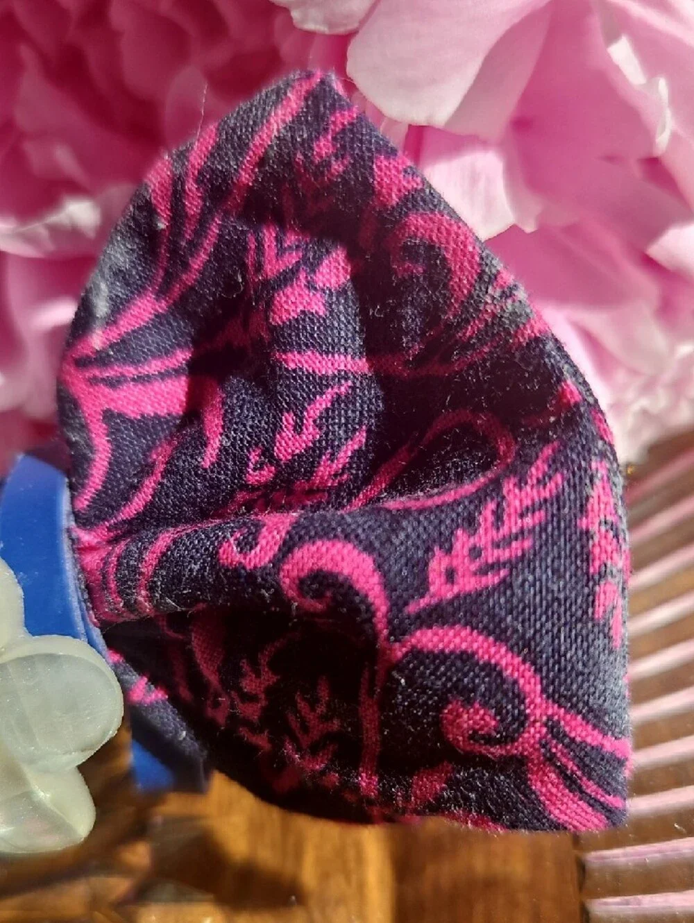 Hand Crafted Dog Collar Bow Tie Paisley Navy&Pink Flower Crystal NEW